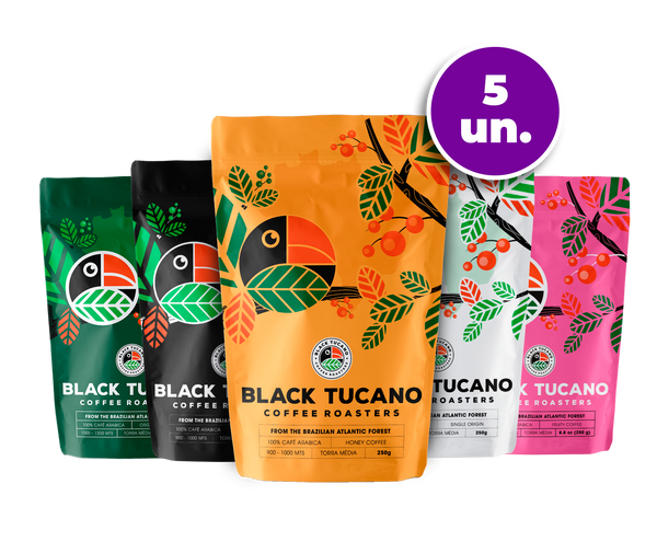 Kit de 5 Cafés Black Tucano Torrado e em Grãos - Single, Blend, Honey, Organic e Fruity